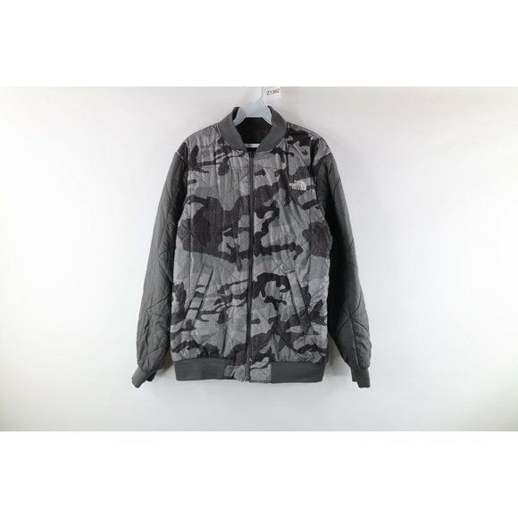 The North Face Mens Medium Spell Out Reversible Camouflage Bomber Jacket Gray